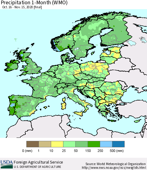 Europe Precipitation 1-Month (WMO) Thematic Map For 10/16/2020 - 11/15/2020