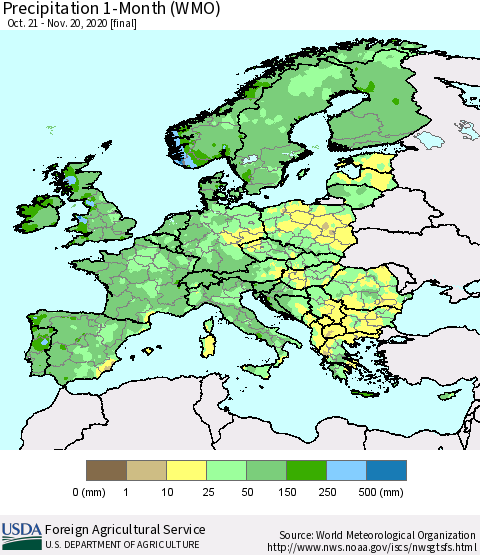 Europe Precipitation 1-Month (WMO) Thematic Map For 10/21/2020 - 11/20/2020