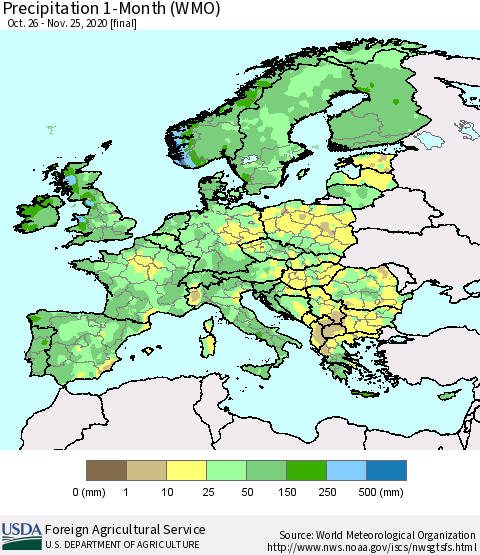 Europe Precipitation 1-Month (WMO) Thematic Map For 10/26/2020 - 11/25/2020