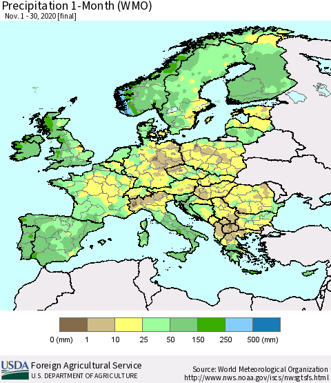 Europe Precipitation 1-Month (WMO) Thematic Map For 11/1/2020 - 11/30/2020