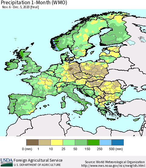 Europe Precipitation 1-Month (WMO) Thematic Map For 11/6/2020 - 12/5/2020