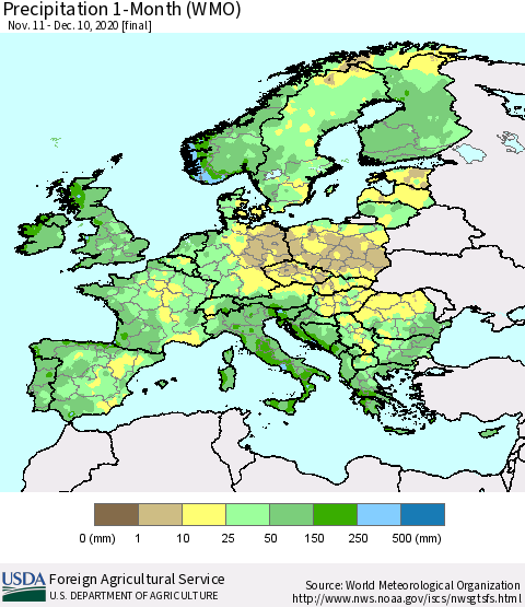 Europe Precipitation 1-Month (WMO) Thematic Map For 11/11/2020 - 12/10/2020