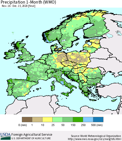 Europe Precipitation 1-Month (WMO) Thematic Map For 11/16/2020 - 12/15/2020