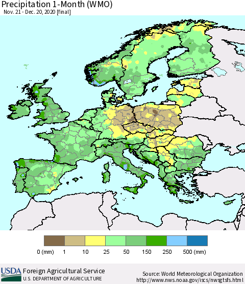 Europe Precipitation 1-Month (WMO) Thematic Map For 11/21/2020 - 12/20/2020