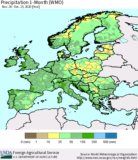 Europe Precipitation 1-Month (WMO) Thematic Map For 11/26/2020 - 12/25/2020