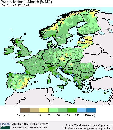 Europe Precipitation 1-Month (WMO) Thematic Map For 12/6/2020 - 1/5/2021