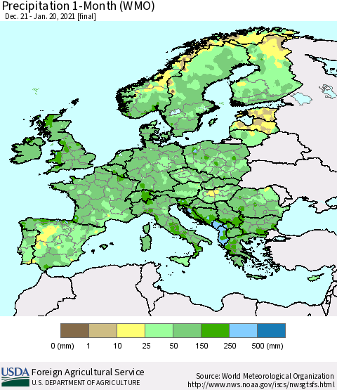 Europe Precipitation 1-Month (WMO) Thematic Map For 12/21/2020 - 1/20/2021