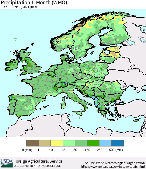 Europe Precipitation 1-Month (WMO) Thematic Map For 1/6/2021 - 2/5/2021