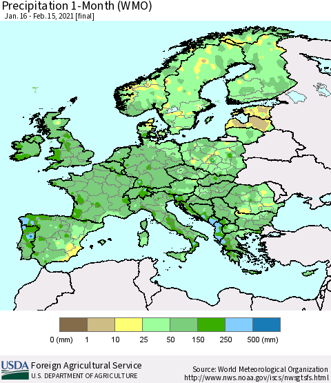 Europe Precipitation 1-Month (WMO) Thematic Map For 1/16/2021 - 2/15/2021