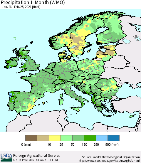 Europe Precipitation 1-Month (WMO) Thematic Map For 1/26/2021 - 2/25/2021
