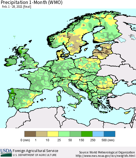 Europe Precipitation 1-Month (WMO) Thematic Map For 2/1/2021 - 2/28/2021