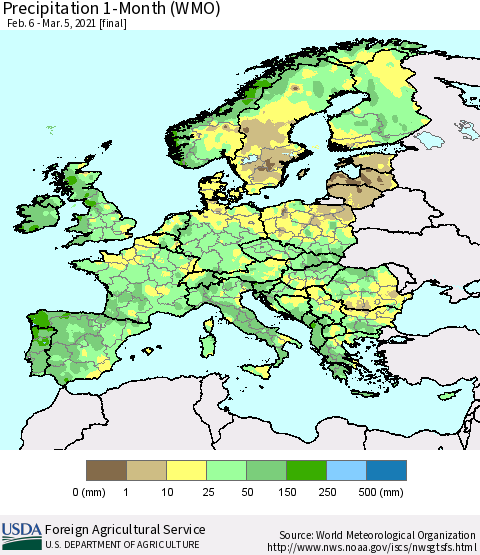 Europe Precipitation 1-Month (WMO) Thematic Map For 2/6/2021 - 3/5/2021