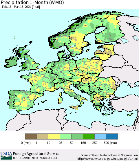 Europe Precipitation 1-Month (WMO) Thematic Map For 2/16/2021 - 3/15/2021