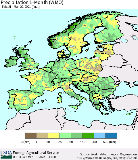 Europe Precipitation 1-Month (WMO) Thematic Map For 2/21/2021 - 3/20/2021