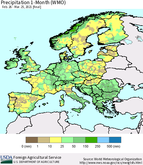 Europe Precipitation 1-Month (WMO) Thematic Map For 2/26/2021 - 3/25/2021