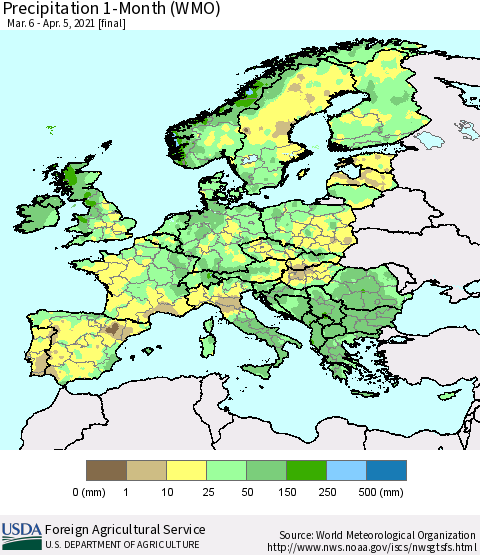 Europe Precipitation 1-Month (WMO) Thematic Map For 3/6/2021 - 4/5/2021