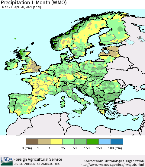Europe Precipitation 1-Month (WMO) Thematic Map For 3/21/2021 - 4/20/2021