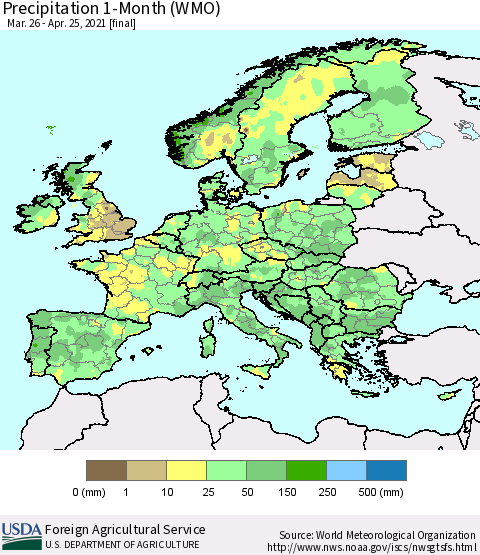 Europe Precipitation 1-Month (WMO) Thematic Map For 3/26/2021 - 4/25/2021