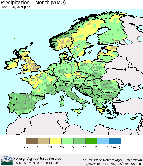 Europe Precipitation 1-Month (WMO) Thematic Map For 4/1/2021 - 4/30/2021