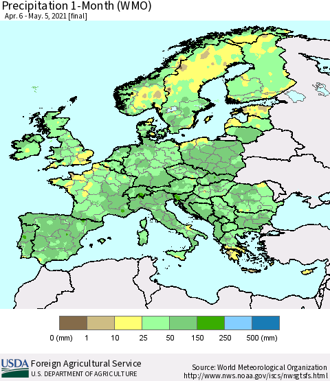 Europe Precipitation 1-Month (WMO) Thematic Map For 4/6/2021 - 5/5/2021