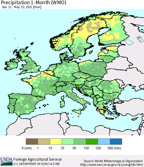 Europe Precipitation 1-Month (WMO) Thematic Map For 4/11/2021 - 5/10/2021