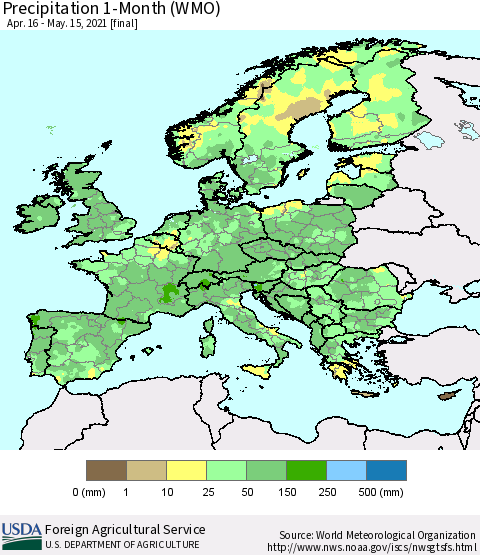 Europe Precipitation 1-Month (WMO) Thematic Map For 4/16/2021 - 5/15/2021