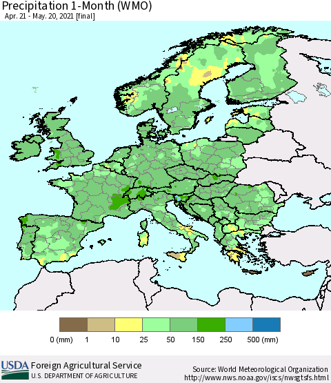 Europe Precipitation 1-Month (WMO) Thematic Map For 4/21/2021 - 5/20/2021