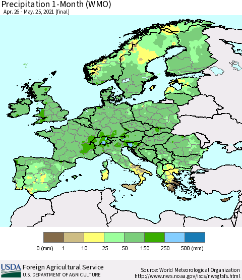 Europe Precipitation 1-Month (WMO) Thematic Map For 4/26/2021 - 5/25/2021