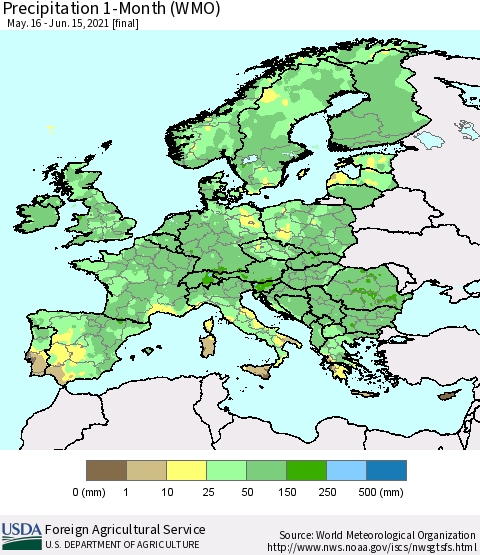 Europe Precipitation 1-Month (WMO) Thematic Map For 5/16/2021 - 6/15/2021