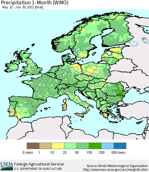 Europe Precipitation 1-Month (WMO) Thematic Map For 5/21/2021 - 6/20/2021