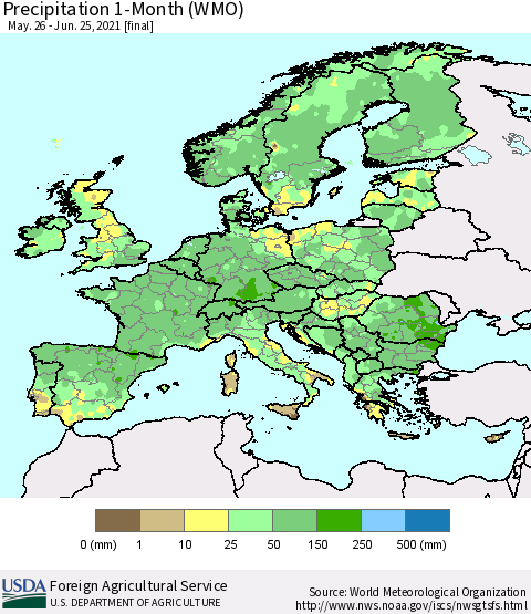 Europe Precipitation 1-Month (WMO) Thematic Map For 5/26/2021 - 6/25/2021