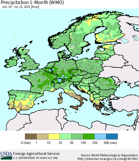 Europe Precipitation 1-Month (WMO) Thematic Map For 6/16/2021 - 7/15/2021