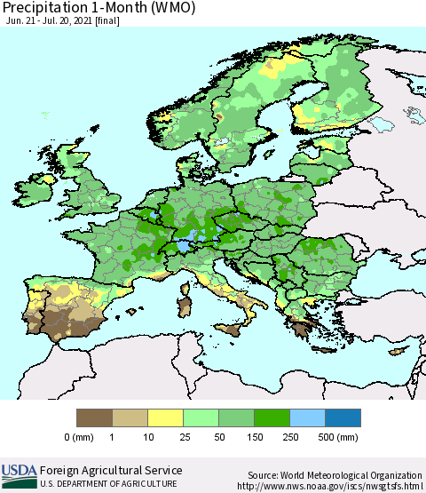 Europe Precipitation 1-Month (WMO) Thematic Map For 6/21/2021 - 7/20/2021