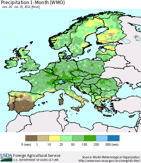 Europe Precipitation 1-Month (WMO) Thematic Map For 6/26/2021 - 7/25/2021
