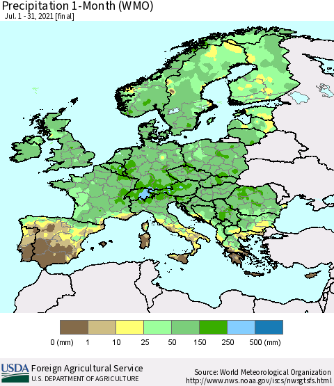 Europe Precipitation 1-Month (WMO) Thematic Map For 7/1/2021 - 7/31/2021