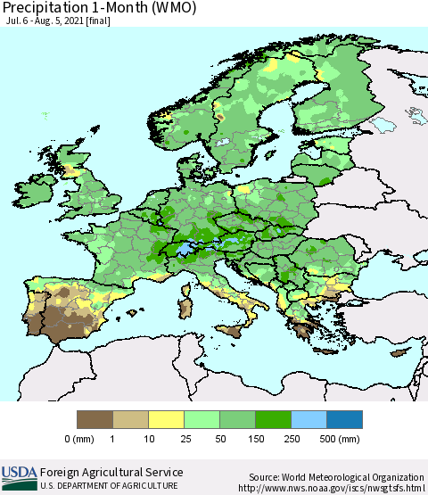Europe Precipitation 1-Month (WMO) Thematic Map For 7/6/2021 - 8/5/2021