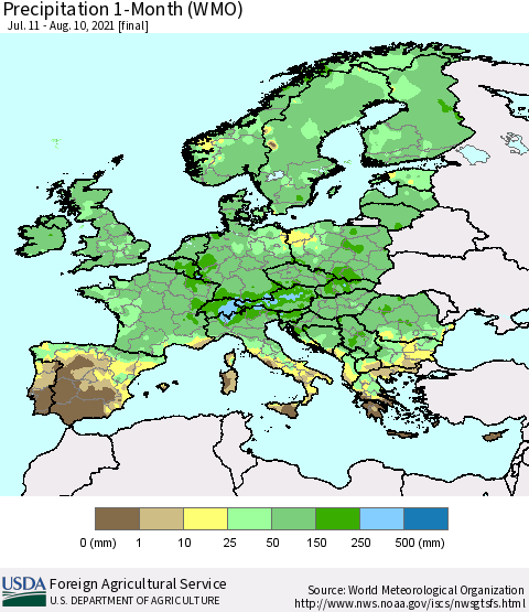 Europe Precipitation 1-Month (WMO) Thematic Map For 7/11/2021 - 8/10/2021