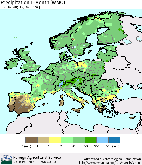 Europe Precipitation 1-Month (WMO) Thematic Map For 7/16/2021 - 8/15/2021