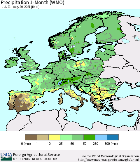 Europe Precipitation 1-Month (WMO) Thematic Map For 7/21/2021 - 8/20/2021