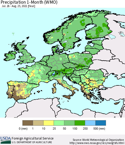 Europe Precipitation 1-Month (WMO) Thematic Map For 7/26/2021 - 8/25/2021