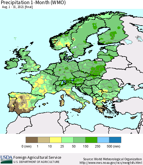 Europe Precipitation 1-Month (WMO) Thematic Map For 8/1/2021 - 8/31/2021