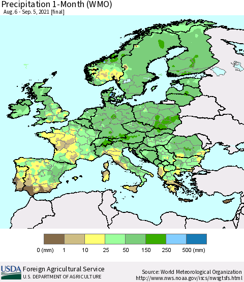 Europe Precipitation 1-Month (WMO) Thematic Map For 8/6/2021 - 9/5/2021