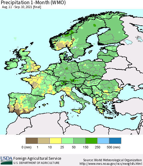 Europe Precipitation 1-Month (WMO) Thematic Map For 8/11/2021 - 9/10/2021