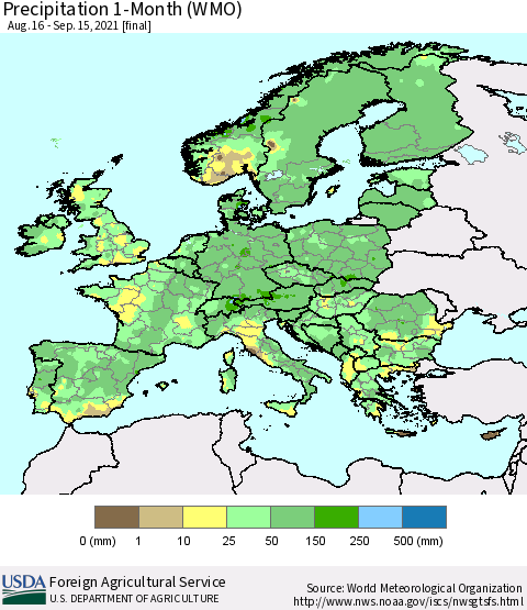 Europe Precipitation 1-Month (WMO) Thematic Map For 8/16/2021 - 9/15/2021
