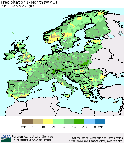Europe Precipitation 1-Month (WMO) Thematic Map For 8/21/2021 - 9/20/2021