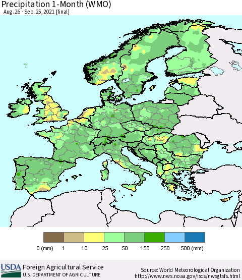 Europe Precipitation 1-Month (WMO) Thematic Map For 8/26/2021 - 9/25/2021