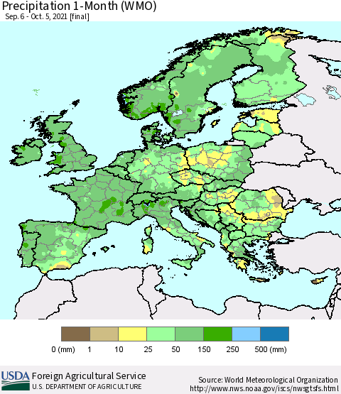 Europe Precipitation 1-Month (WMO) Thematic Map For 9/6/2021 - 10/5/2021