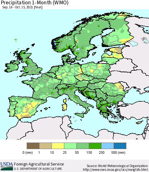 Europe Precipitation 1-Month (WMO) Thematic Map For 9/16/2021 - 10/15/2021