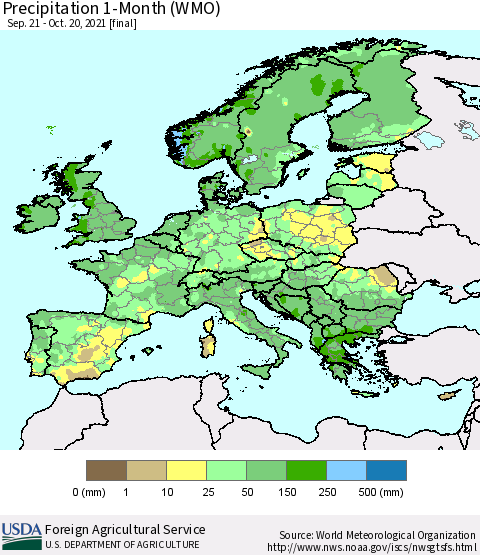 Europe Precipitation 1-Month (WMO) Thematic Map For 9/21/2021 - 10/20/2021