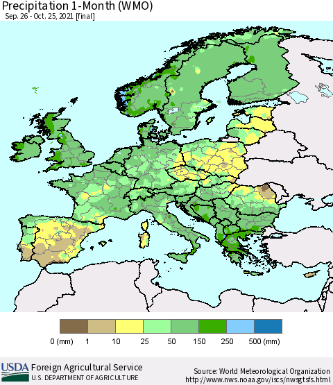 Europe Precipitation 1-Month (WMO) Thematic Map For 9/26/2021 - 10/25/2021